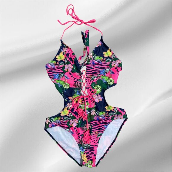 Shein Ladies Blue Floral Print Size L UNDERWIRED SWIMSUIT / Swimming Costume - Picture 1 of 7
